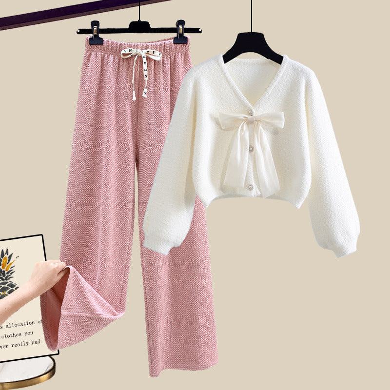 Soft Glutinous Bow Cardigan Sweater Wide-leg Casual Pants Two-piece Set
