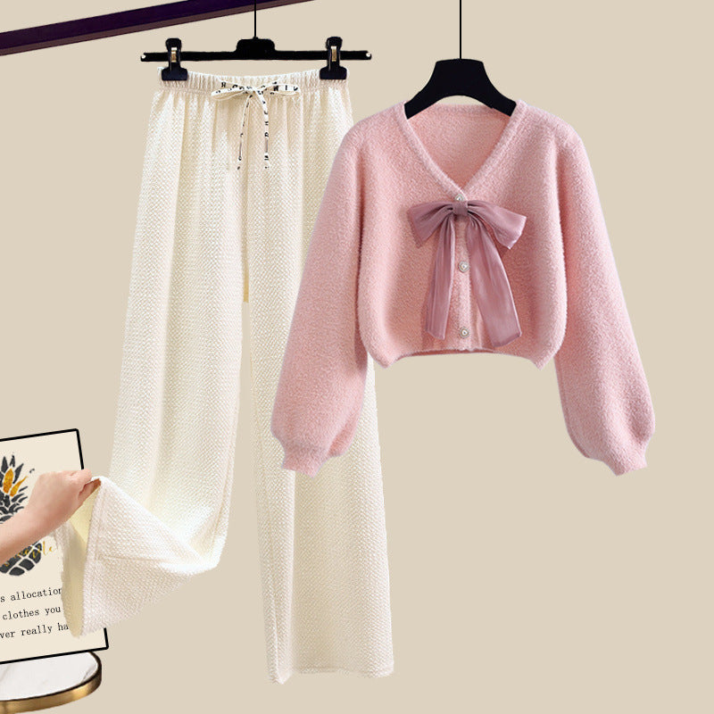 Soft Glutinous Bow Cardigan Sweater Wide-leg Casual Pants Two-piece Set