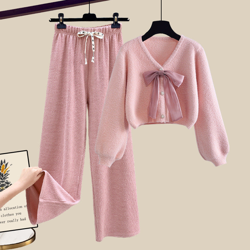Soft Glutinous Bow Cardigan Sweater Wide-leg Casual Pants Two-piece Set